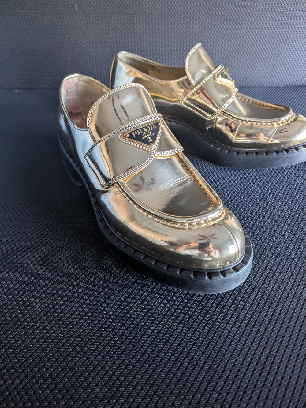 Prada Women’s Metallic Gold Leather Loafers - Picture 10 of 16